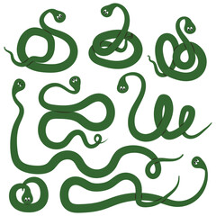 Cute Green Snakes on White. Symbol of 2025 Chinese Zodiac. Clip art, sticker set