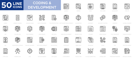 Coding And Development icon set icons related to programming & coding line icons set web design, website, computer, software ,programming, data, internet. Vector illustration.