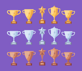 Cartoon Color Different Type Winner Cup Set Symbol of Win Competition. Vector illustration of Gold, Silver and Bronze Cups