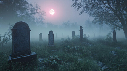A misty graveyard scene with tombstones, fog, and a full moon in the background 