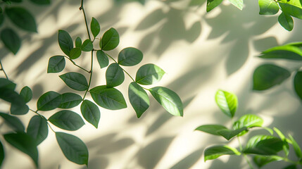 Obraz premium Shadows of leaves on the wall, sunlight from the side casts shadows on the leaves on a white wall background.