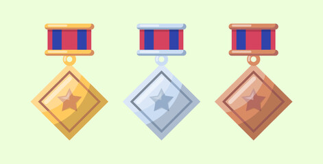 Cartoon Color Awards Rhomb with Star Set Symbol of Win Competition. Vector illustration of Gold, Silver and Bronze Type