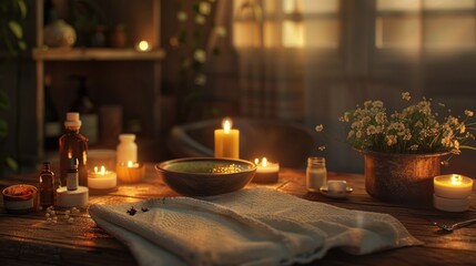 Fototapeta premium Relaxing Spa Setting with Candles and Flowers