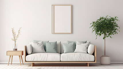 Obraz premium Interior living room with white sofa and wooden table ,Living room with sofa couch in Scandinavian interior design with empty wooden photo frame on light wall