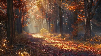 Sunbeams illuminate a forest path covered in autumn leaves.
