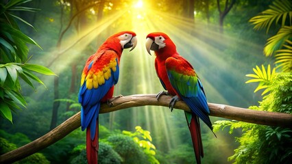 Two Macaws Perched Amidst a Verdant Rainforest Canopy  Generative AI