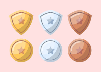 Cartoon Color Different Awards Shield Set Symbol of Win Competition. Vector illustration of Gold, Silver and Bronze Type