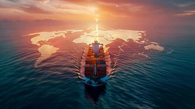 Technology  global logistics on world map holographic lines container ship. Cargo container ship futuristic global logistics international delivery concept. Ai Footage.