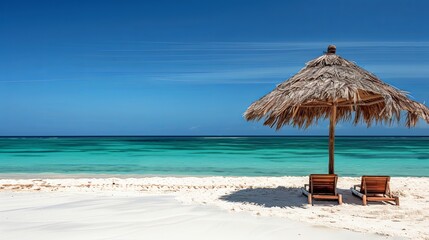 Two lounge chairs on a pristine beach with a thatched umbrella and clear blue water.