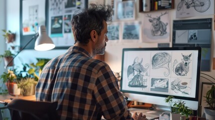 An art director reviewing storyboard sketches and digital illustrations for an animated film production.
