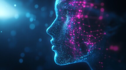 Fototapeta premium Digital Human Face Composed of Blue and Pink Lights