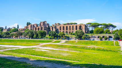 A view of the Domus Severiana ruins on Palatine Hill from Circus Maximus in Rome, Italy. The...