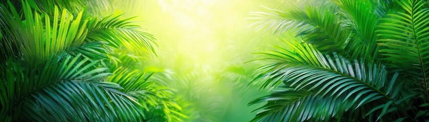 Obraz premium Lush greenery enveloped in golden light, creating a tranquil and serene atmosphere in a tropical jungle habitat.