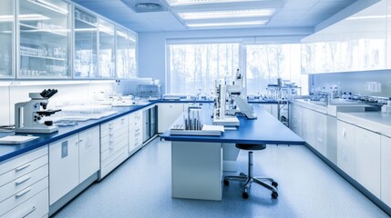 Scientists conduct experiments in a well-equipped laboratory featuring microscopes and glassware with colorful liquids