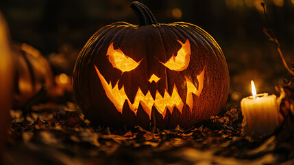 Photography of a carved pumpkin with a menacing face glowing from within by candlelight for Halloween Festival 