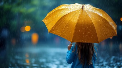 concept of security and support through health and accident insurance for children. little girl standing under a large yellow umbrella in a rainy