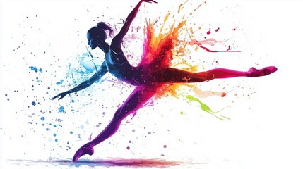 Abstract illustration of the ballet dance in an explosion of colorful paint on a white background