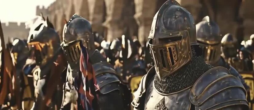 A cinematic still of medieval knights in armor charging into battle