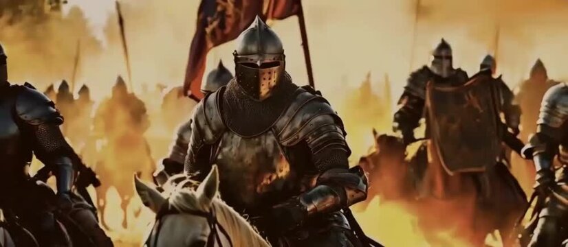 A cinematic still of medieval knights in armor charging into battle