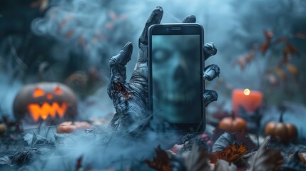Zombie Hand Holding Smartphone with Green Screen in Spooky Halloween Setting. Space for text. Halloween theme