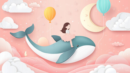 A cute little girl sitting on the back of a whale flying in a pastel pink sky with the moon and stars, in the style of paper art