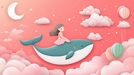 A cute little girl sitting on the back of a whale flying in a pastel pink sky with the moon and stars, in the style of paper art
