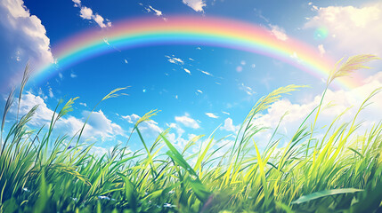 Fototapeta premium A beautiful sunny day in a 3D anime style, featuring a vibrant rainbow in the blue sky over a lush green grass field. The scene is bright, colorful, and hyper-realistic, capturing the essence of a ser