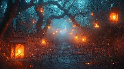 Fototapeta premium Photography of a spooky forest path illuminated by lanterns with fog and eerie shadows for Halloween Festival 