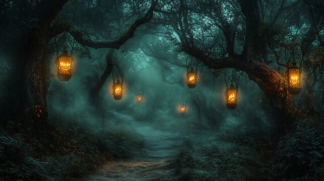 Photography of a spooky forest path illuminated by lanterns with fog and eerie shadows for Halloween Festival 