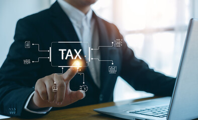 Calculation tax return. tax return form online for tax payment concept. Government, state taxes. Data analysis, paperwork, financial research, report, E-tax.