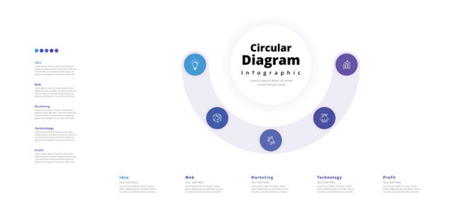 Modern minimalist elegant clean circular 5 steps editable diagram infographic design template vector