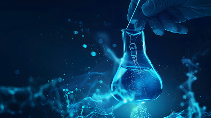 hand of a scientist with a test tube and flask in a medical chemistry lab blue banner background, glowing design