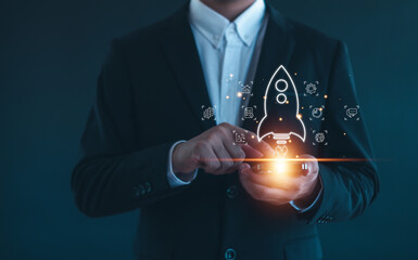 Entrepreneurship launch rocket start flying up and network line connection. Startup concept plan development business project digital.