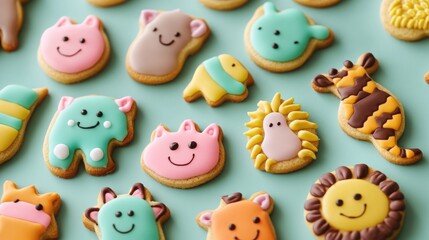 Obraz premium Adorable Animal Cookies: A variety of animal-shaped cookies decorated with colorful icing.