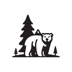 A minimalist black-and-white illustration of a bear standing in a forested environment with pine trees and mountains in the background. Perfect for wildlife-themed designs, nature projects, or outdoor