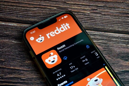 Jakarta, Indonesia - August 7th, 2024 - Reddit mobile application screen on app store isolated on horizontal ratio brown wooden surface background.