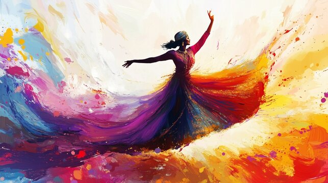 Abstract illustration of the kathak dance in an explosion of colorful paint on a colorful background