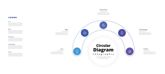 Modern minimalist elegant clean circular 5 steps editable diagram infographic design template vector