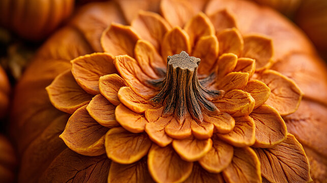 Photography of a close-up of a decorative pumpkin adorned with intricate carvings, adding a creative and artistic touch to the Thanksgiving decorations for Thanksgiving Festival 