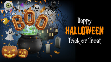 halloween banner with party balloons and witch cauldron. halloween flyer with colorful balloons and pennants on scary landscape