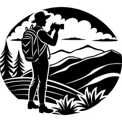 A hiker with a camera, capturing the beauty of a vibrant sunset over rolling hills vector