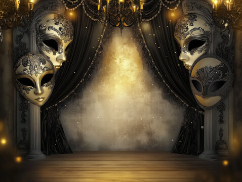 An elegant 3D masquerade ball background with masks, ornate decorations, and dim lighting, ideal for sophisticated parties. Empty copy space included for text. AI