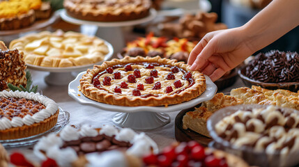 A close-up of a hand placing a freshly baked pie onto a dessert table filled with various sweets, capturing the warmth and homemade goodness of Thanksgiving treats for Thanksgiving Festival 