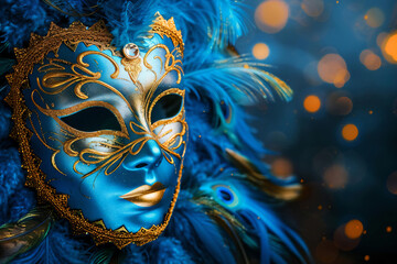 Blue and Gold Carnival Mask with Feathers.