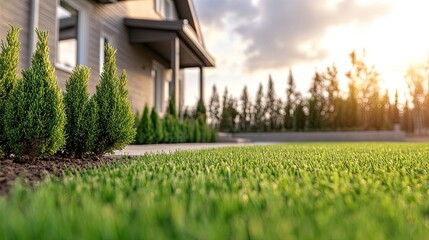 Tall evergreen trees line the edge of a vibrant green lawn under a clear blue sky, creating a serene and inviting outdoor space next to a contemporary house