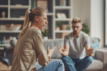 Young couple arguing in the living room, woman yelling and fighting with her husband over infidelity, divorce