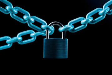 Neon blue chain with closed padlock illuminated against a dark background