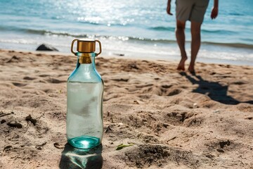 Glass bottle with golden cap on sandy shore, person walking towards water