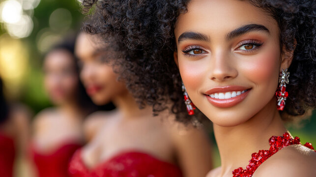 Beautiful mixed race woman with curly hair in red evening dresses and jewelry on a party.