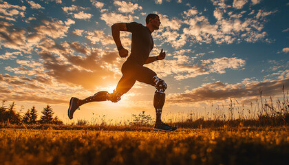 Paralympic Athlete in Action Inspiring Backlit Image of Runner with Prosthetic Legs paralympic